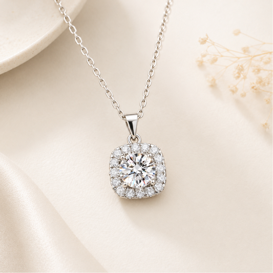 Cushion Halo Solitaire Moissanite Silver Necklace