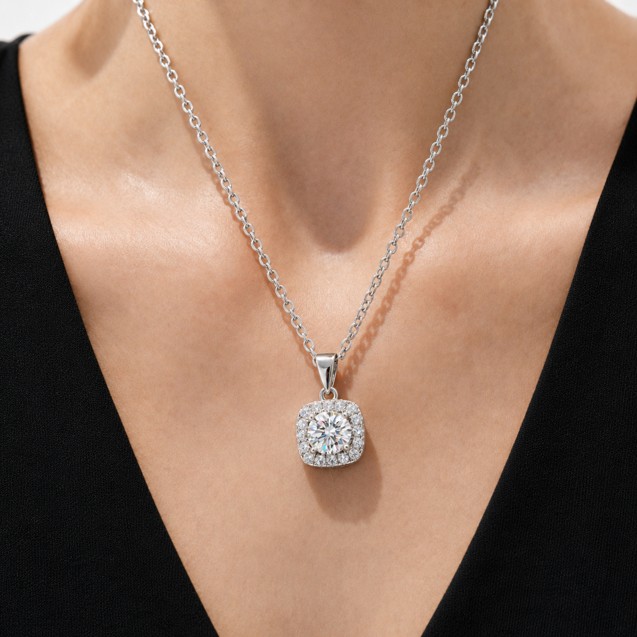 Cushion Halo Solitaire Moissanite Silver Necklace