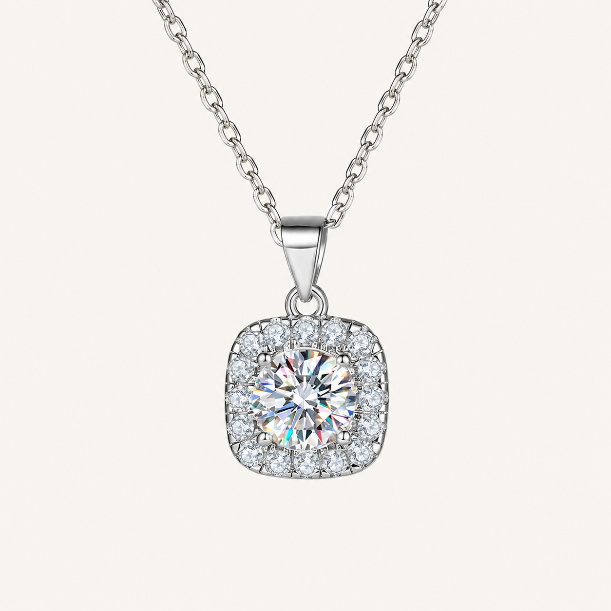 Cushion Halo Solitaire Moissanite Silver Necklace