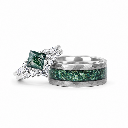 The Virelle - Natural Moss Agate Couple Ring Set