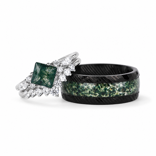 The Mossure - Natural Moss Agate Couple Ring Set