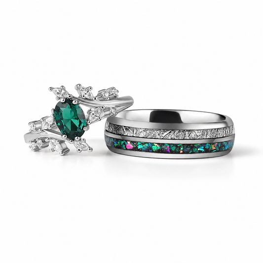 The Verdal - Natural Paraiba & Crushed Green Opal Couple Ring Set