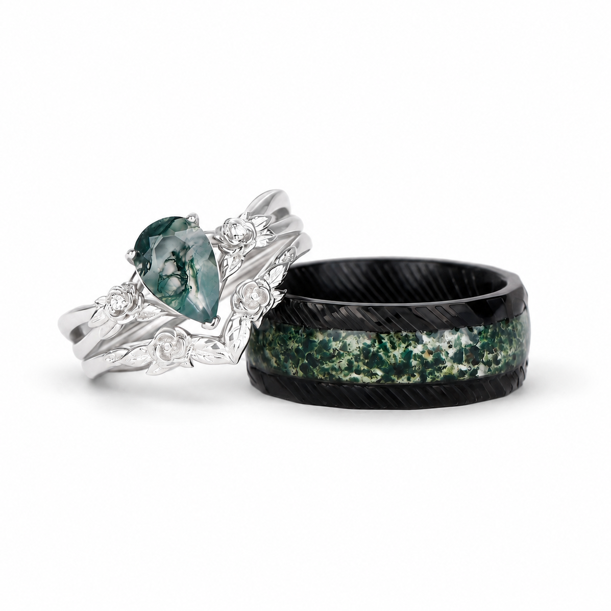 The Folira - Moss Agate Couple Ring Set