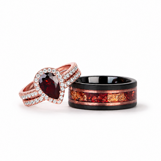The Garnith - Natural Garnet Couple Rings with Rose Gold Plated