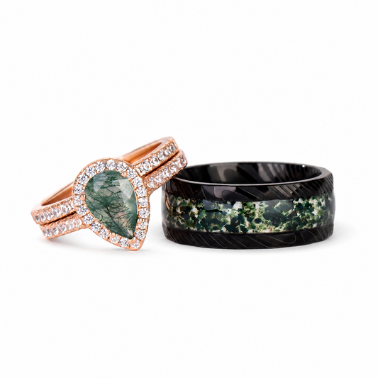 The Evermoss - Natural Moss Agate Couple Rings Rosegold Vermeil