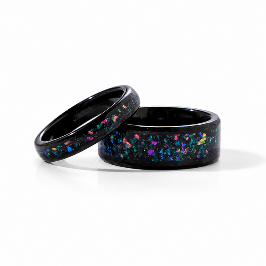 The Spectra - Black Sand Stone & Crushed Opal Couple Ring Set