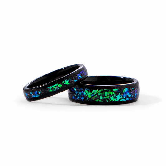 The Cosmira - Black Sandstone & Crushed Opal Meteorite Couple Ring Set