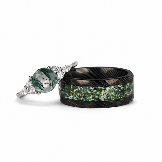The Forestine - Natural Moss Agate Matching Ring Set