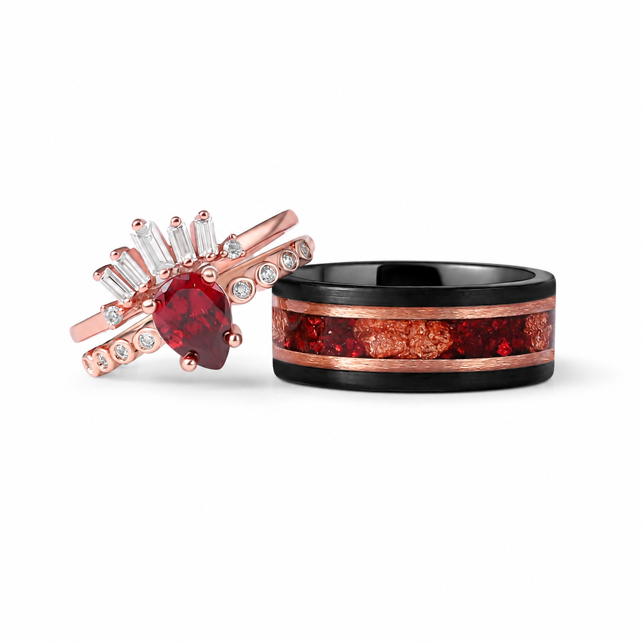 The Aurelia - Red Garnet Rose Gold Leaf Couple Ring Set