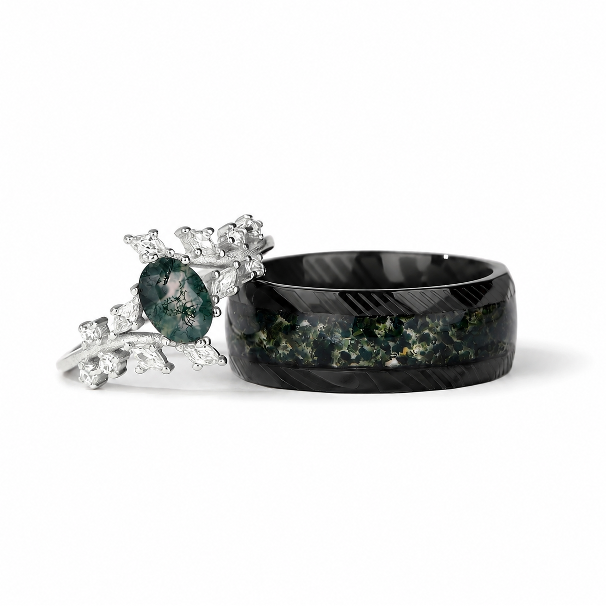 The Moralis - Natural Moss Agate Couple Ring Set