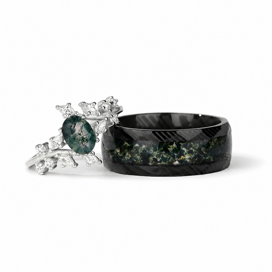 The Moralis - Natural Moss Agate Couple Ring Set