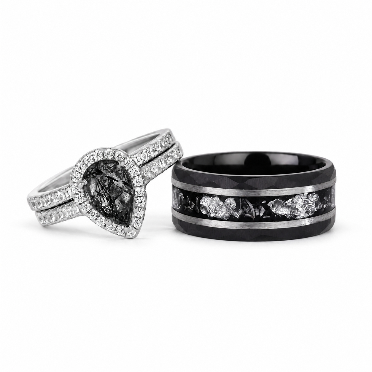 The Vesper - Natural Black Rutilated Quartz Couple Rings