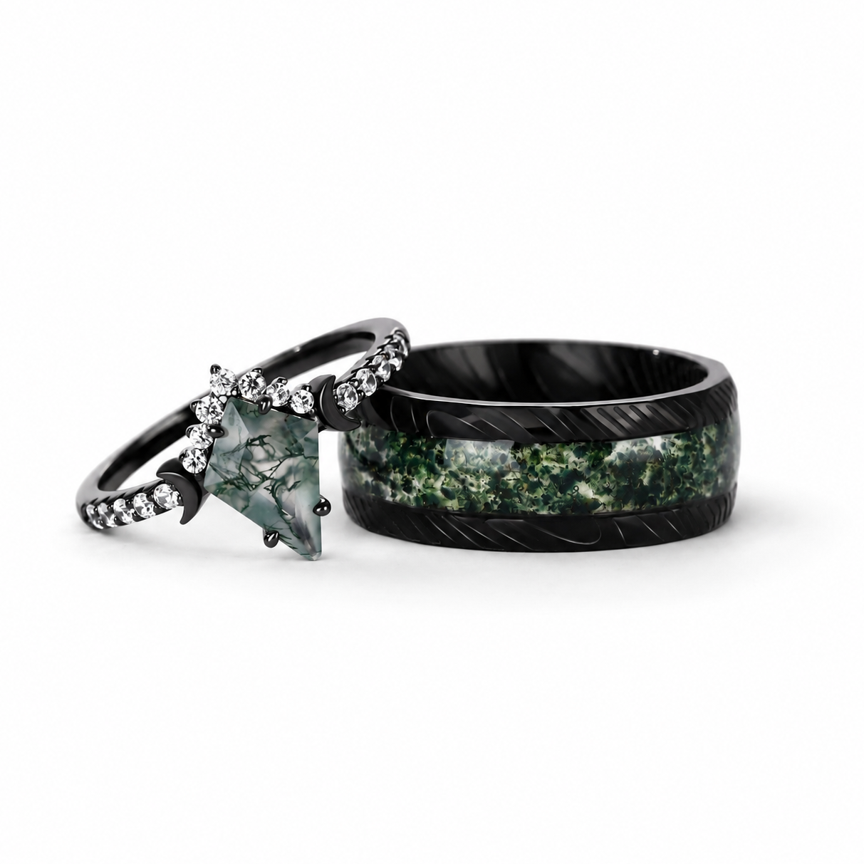The Mossveil - Kite Cut Moss Agate Couple Ring Set