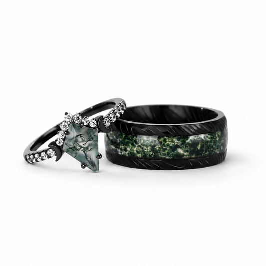 The Mossveil - Kite Cut Moss Agate Couple Ring Set