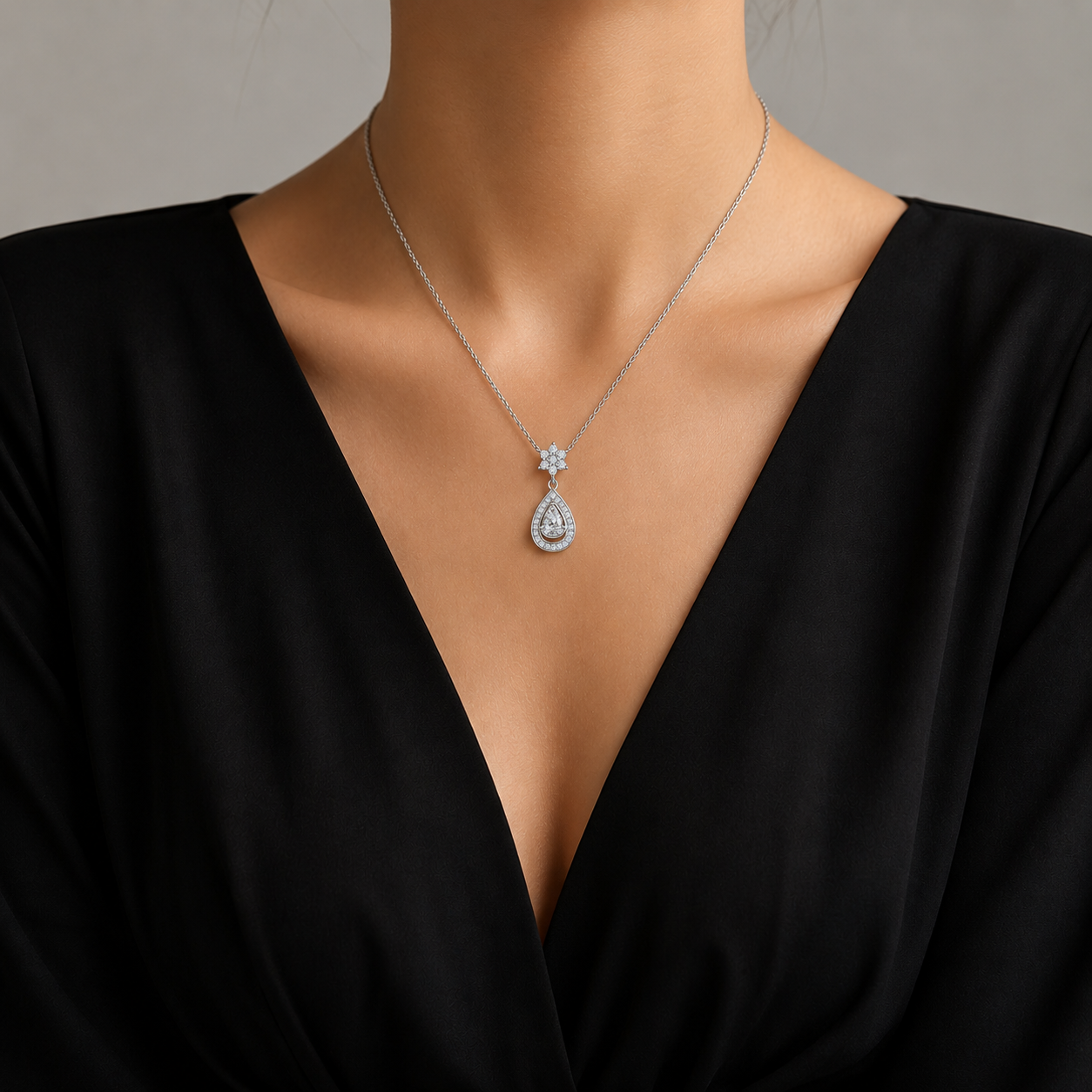 Pear Cut Simulated Diamond Women Silver Necklace