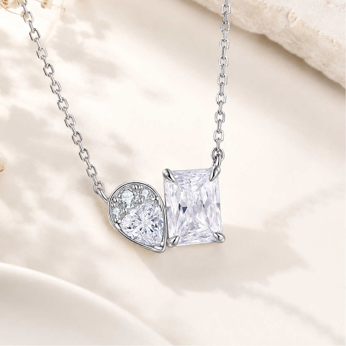 Two Stone Simulated Diamonds Women Silver Necklace