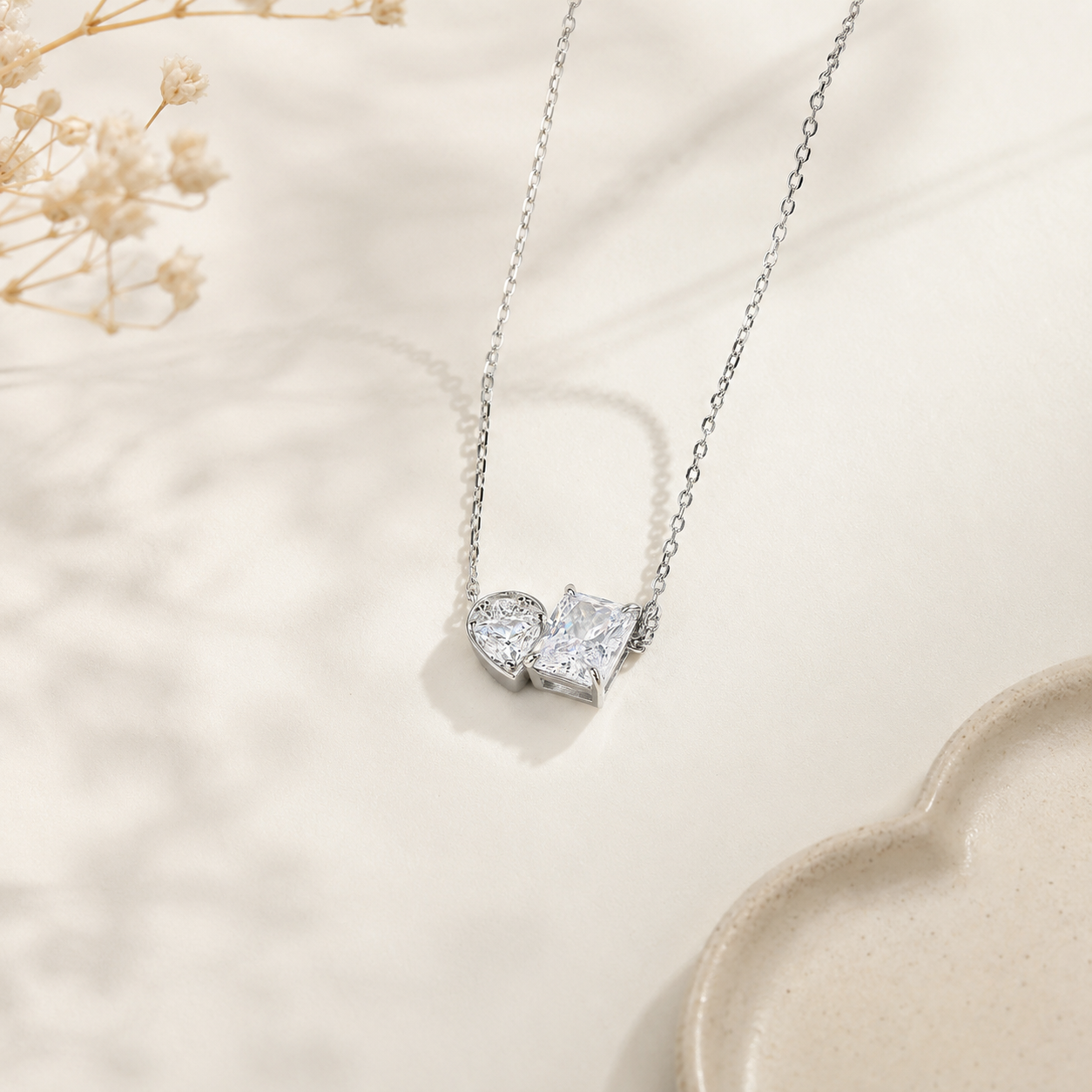 Two Stone Simulated Diamonds Women Silver Necklace