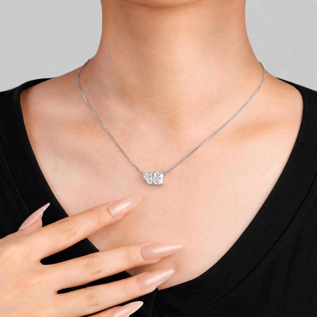 Two Stone Simulated Diamonds Women Silver Necklace