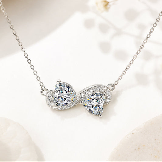 Double Heart Simulated Diamonds Silver Necklace