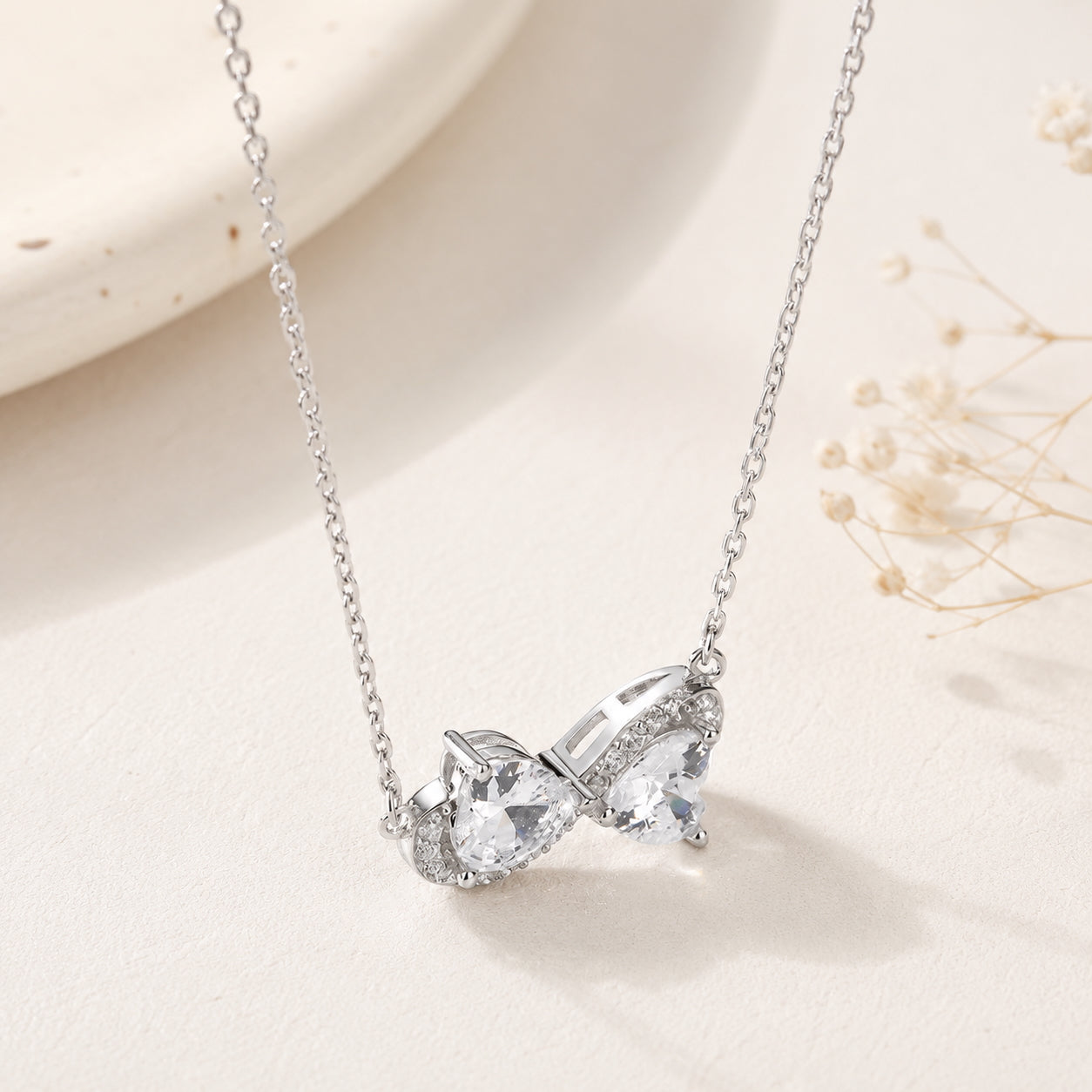 Double Heart Simulated Diamonds Silver Necklace