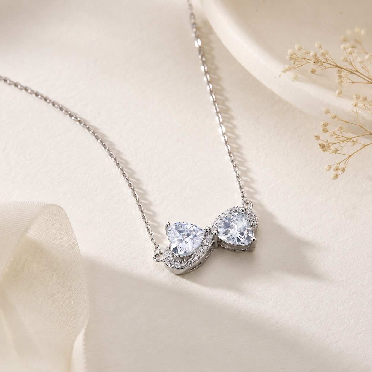 Double Heart Simulated Diamonds Silver Necklace