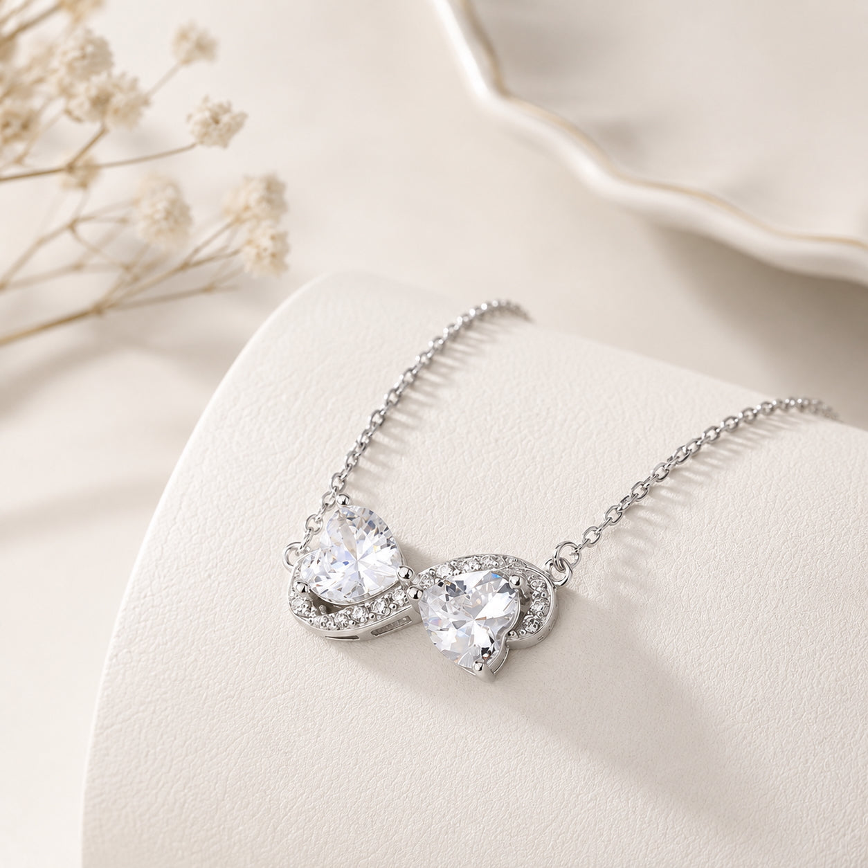 Double Heart Simulated Diamonds Silver Necklace