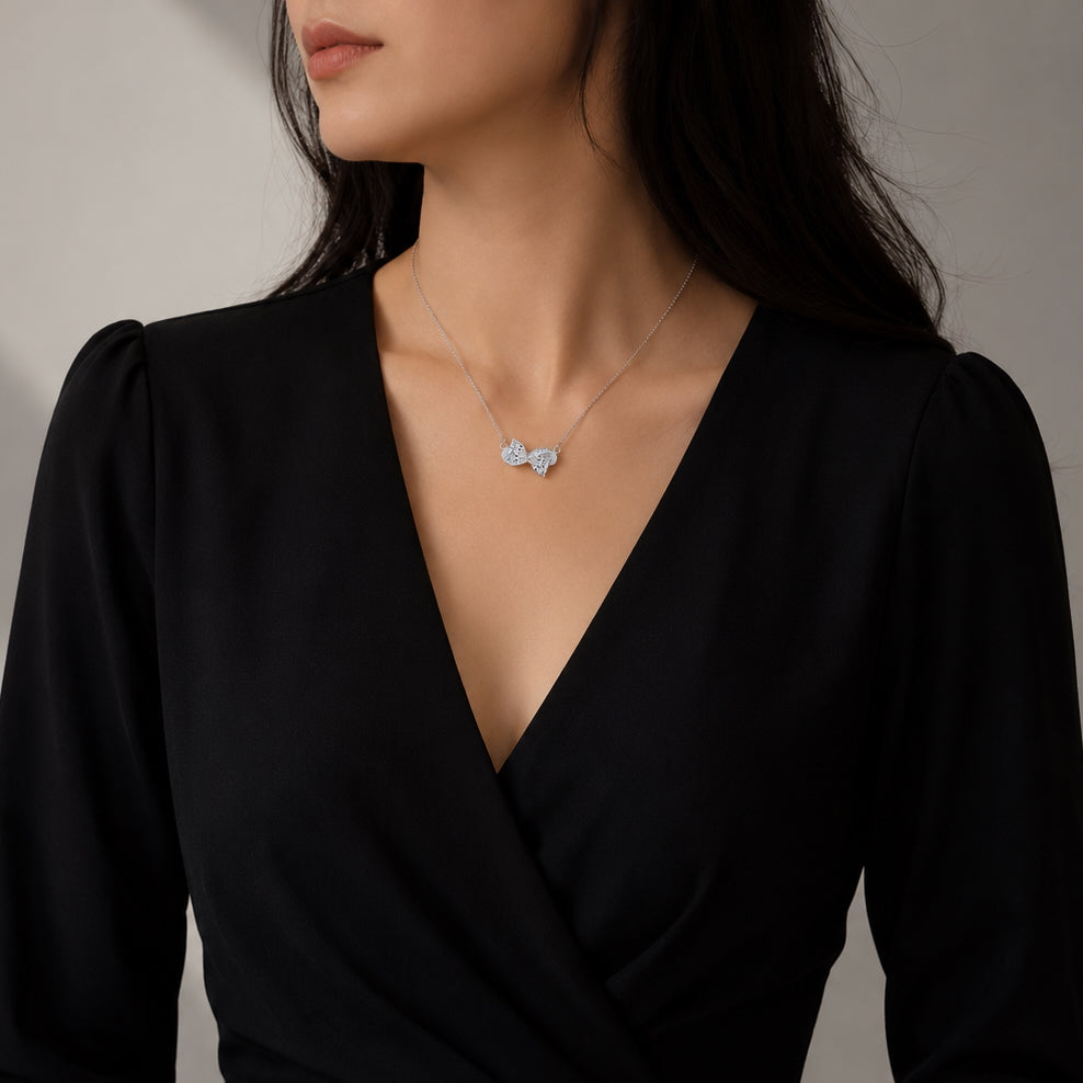 Double Heart Simulated Diamonds Silver Necklace