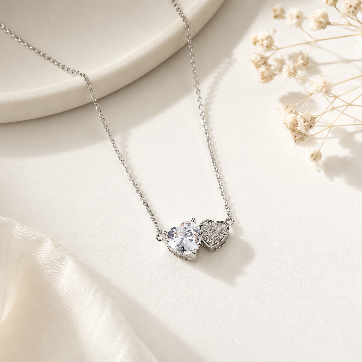 Two Hearts Simulated Diamonds Wedding Necklace - 925 Silver