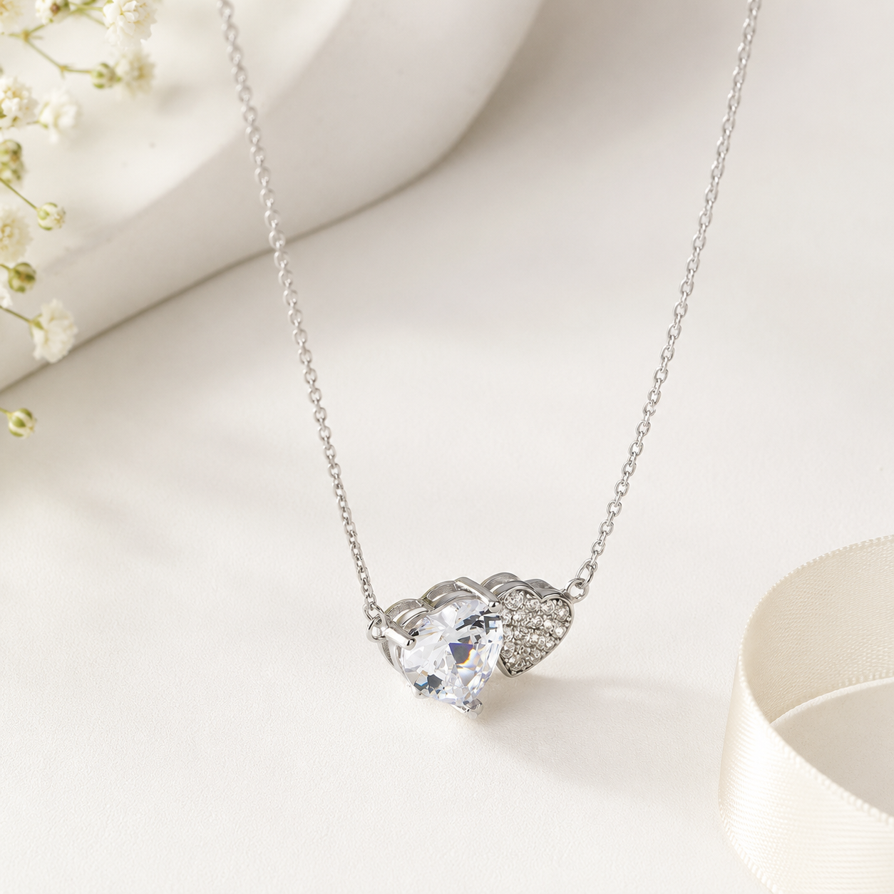 Two Hearts Simulated Diamonds Wedding Necklace - 925 Silver
