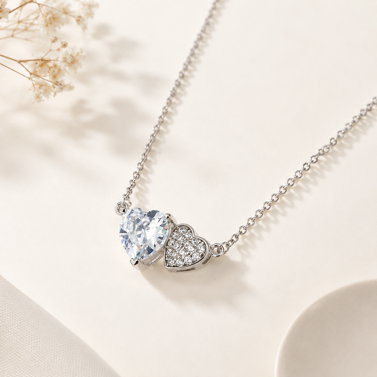 Two Hearts Simulated Diamonds Wedding Necklace - 925 Silver
