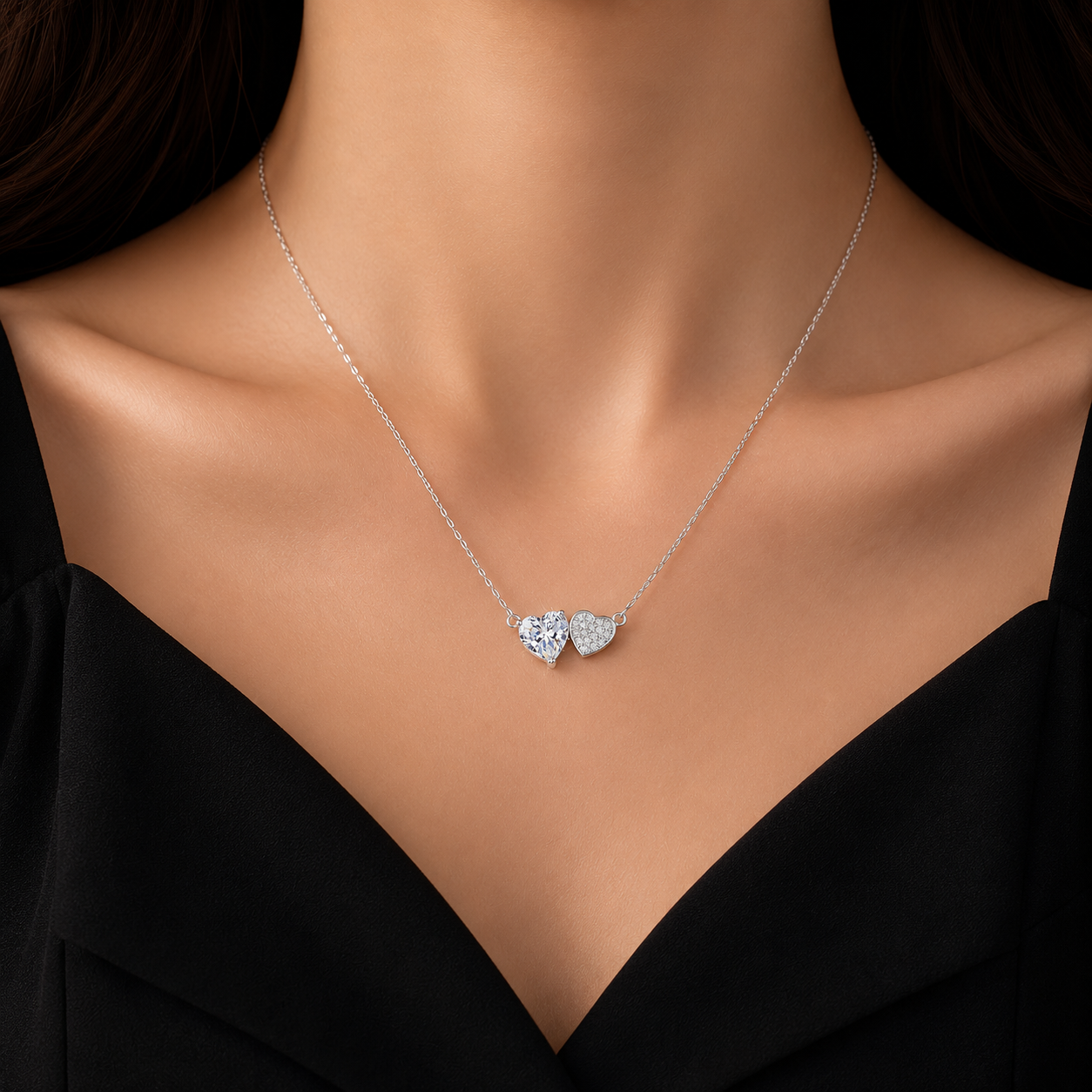 Two Hearts Simulated Diamonds Wedding Necklace - 925 Silver