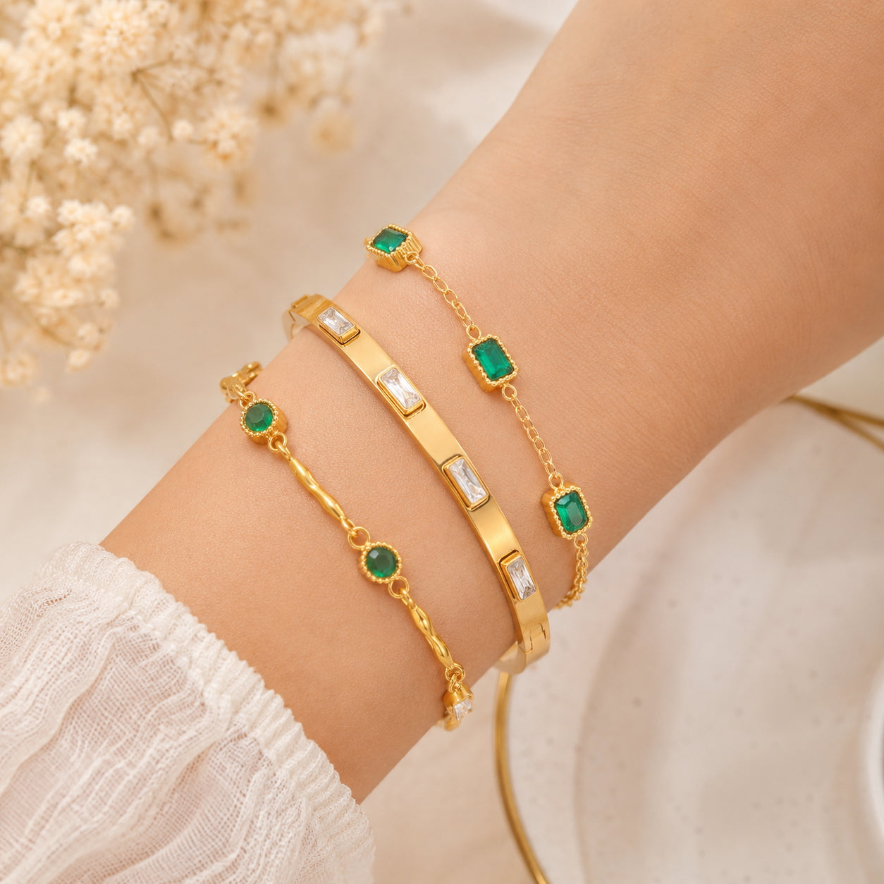 18k Gold Plated Emerald Stackable Bracelets
