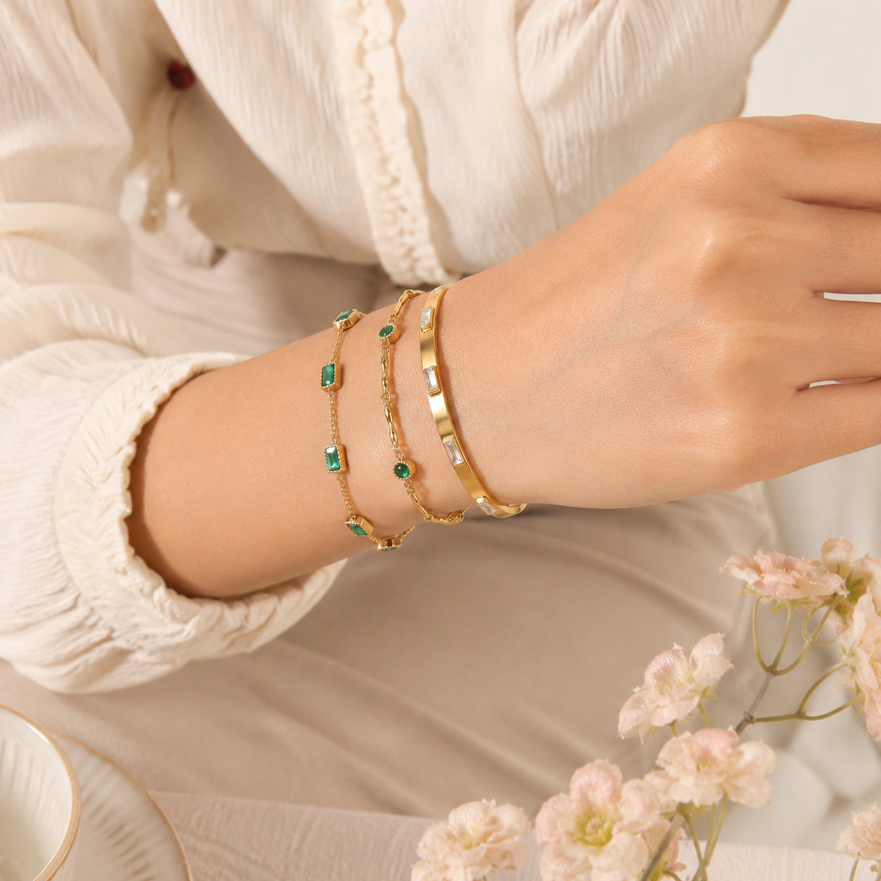 18k Gold Plated Emerald Stackable Bracelets