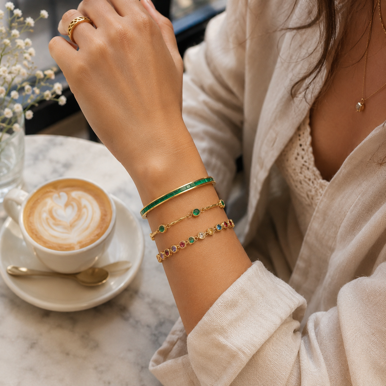 18k Gold Plated Emerald Bracelet Set
