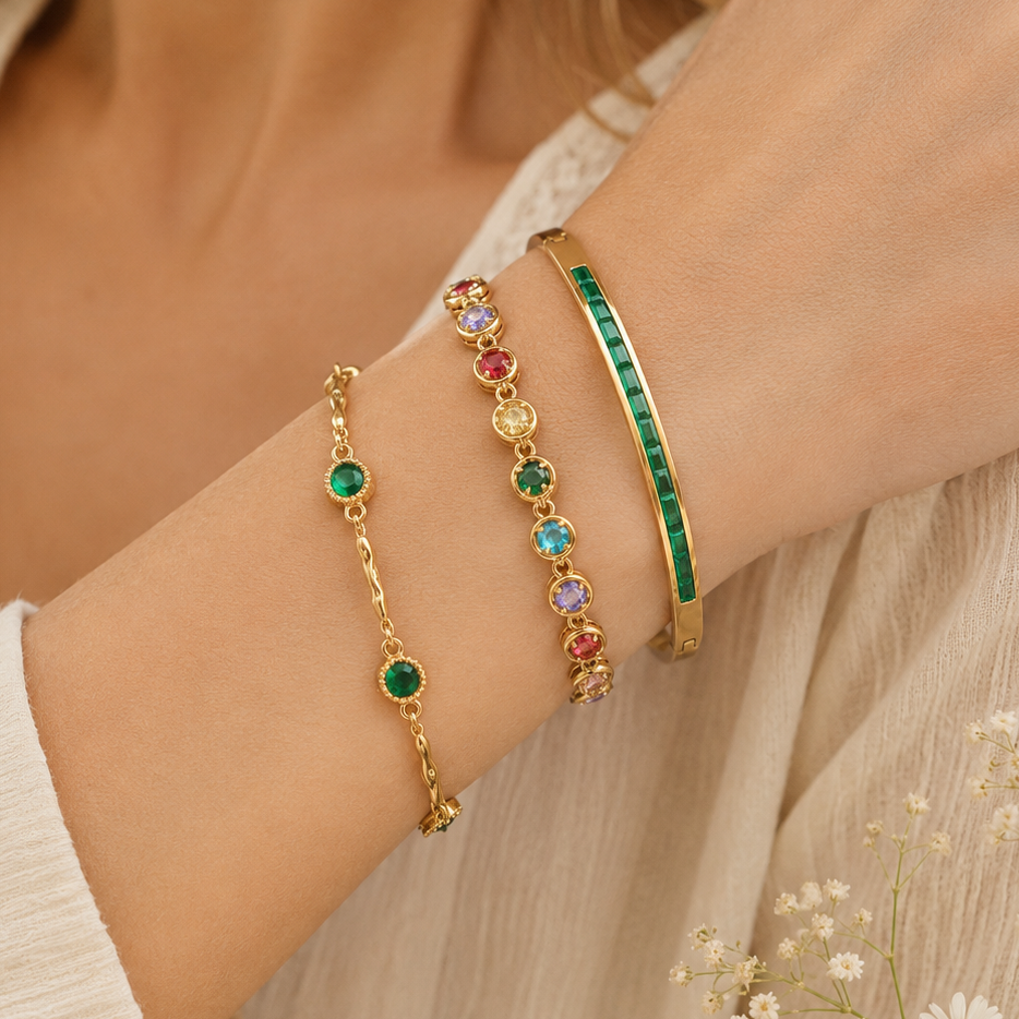 18k Gold Plated Emerald Bracelet Set