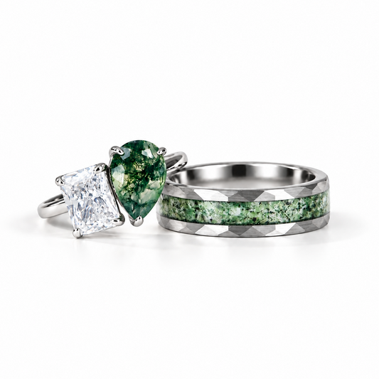 The Grove - Natural Moss Agate Couple Rings