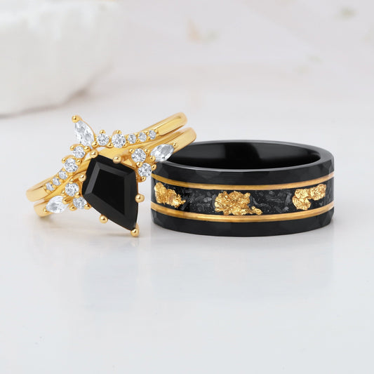 Kite Black Onyx & Meteorite Gold Leaf Couple Ring Set