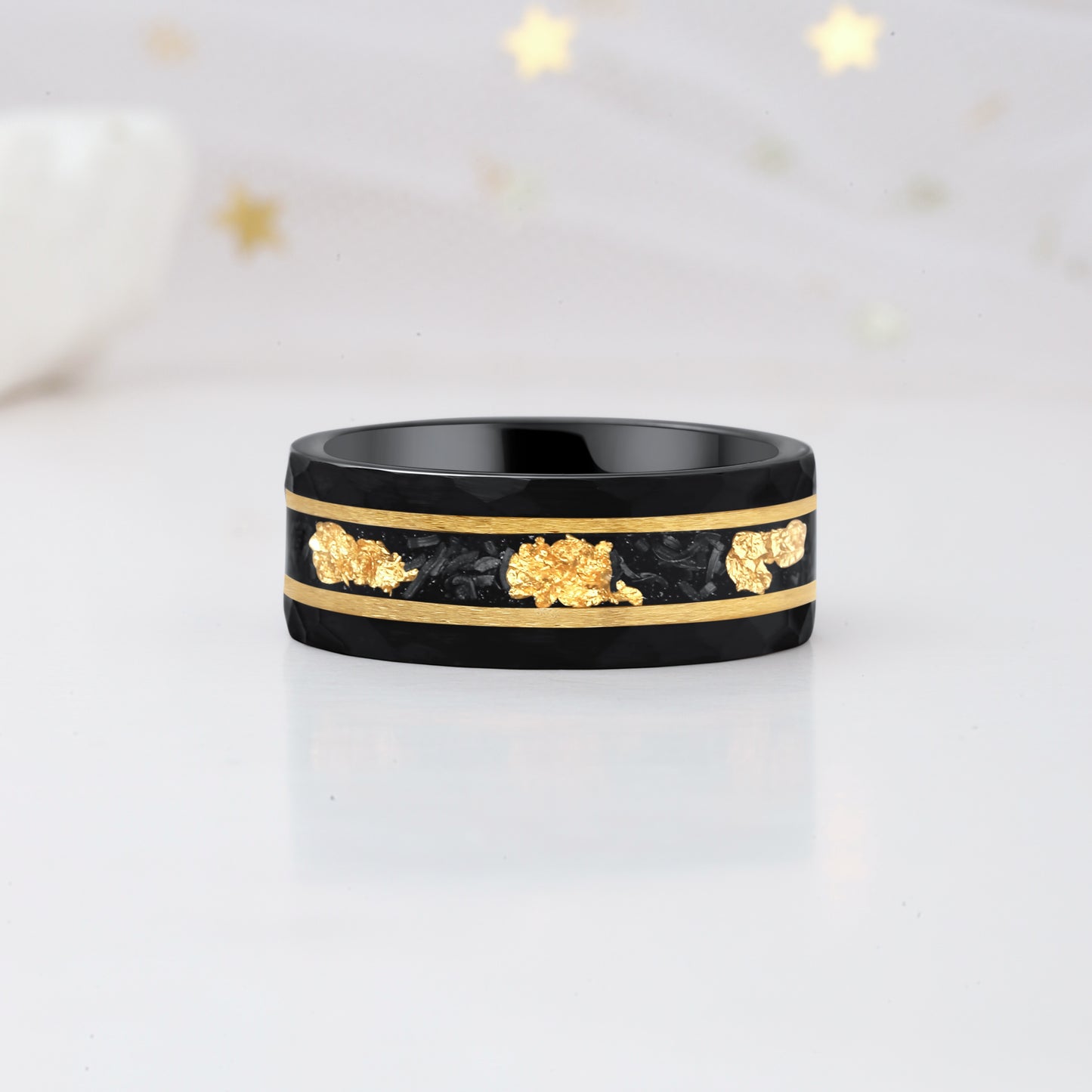 Kite Black Onyx & Meteorite Gold Leaf Couple Ring Set