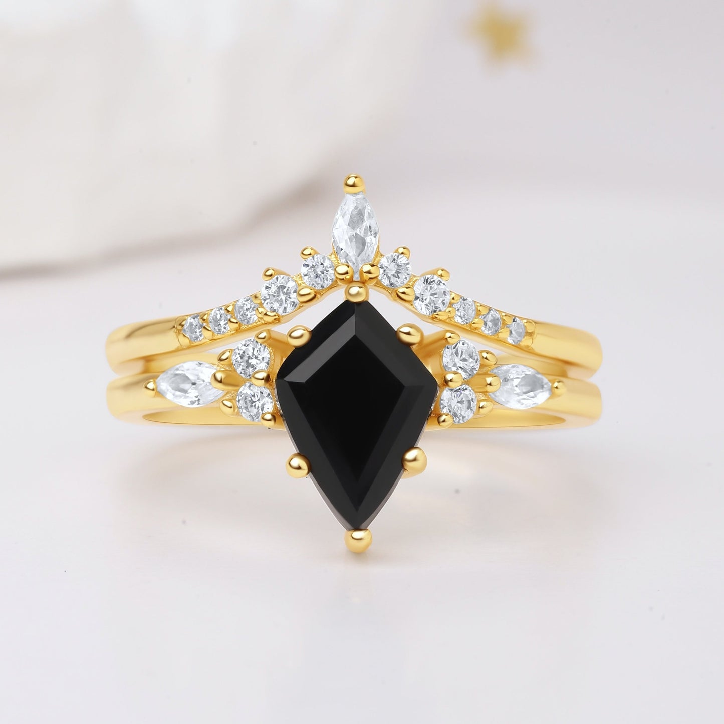 Kite Black Onyx & Meteorite Gold Leaf Couple Ring Set