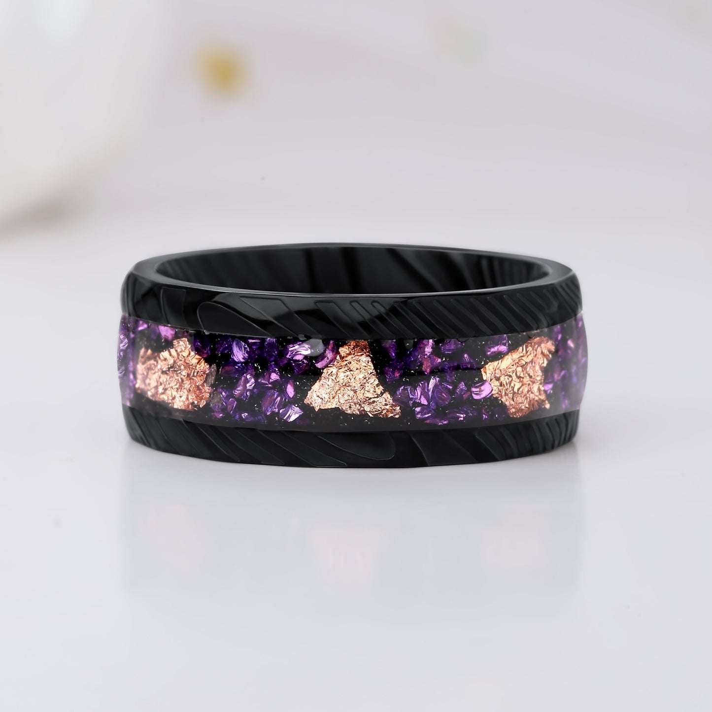 Crushed Amethyst Gold Leaf Steel Ring for Men