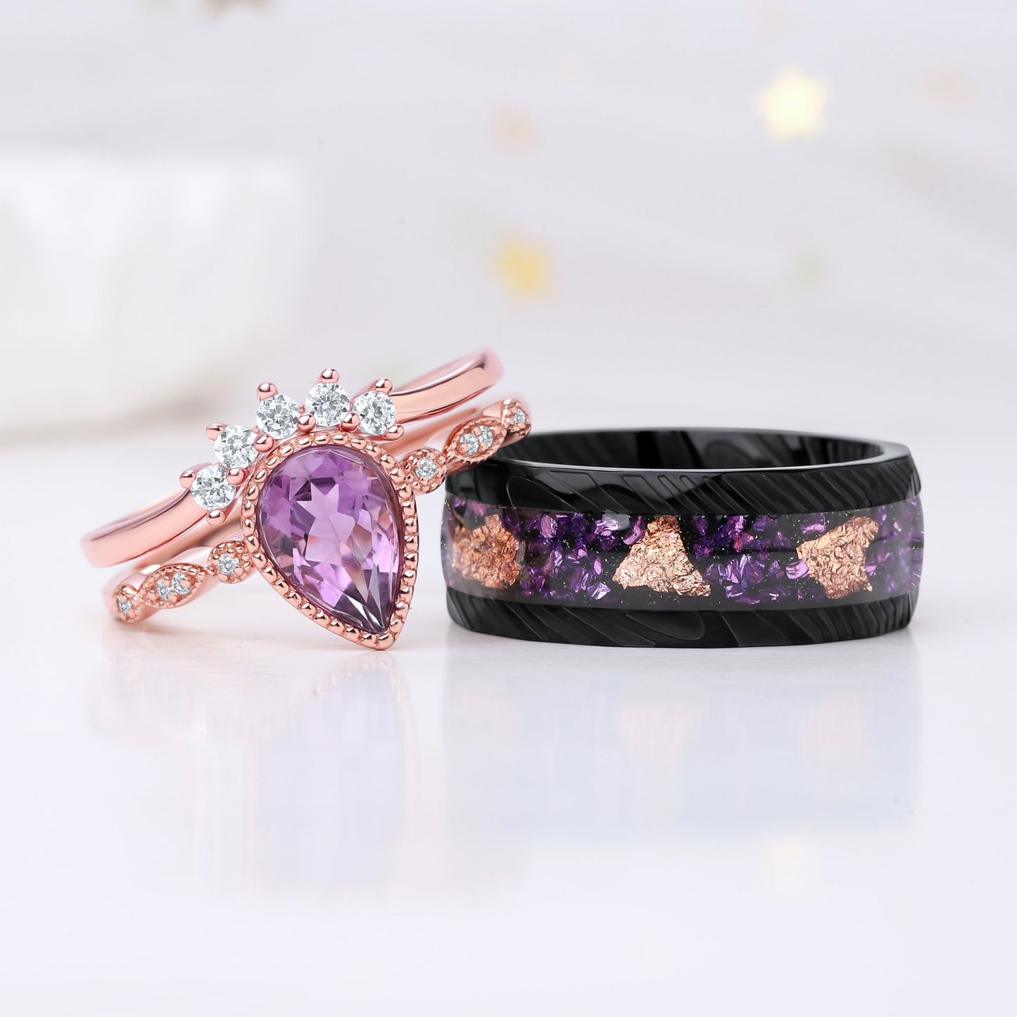 Crushed Amethyst Gold Leaf Steel Ring for Men