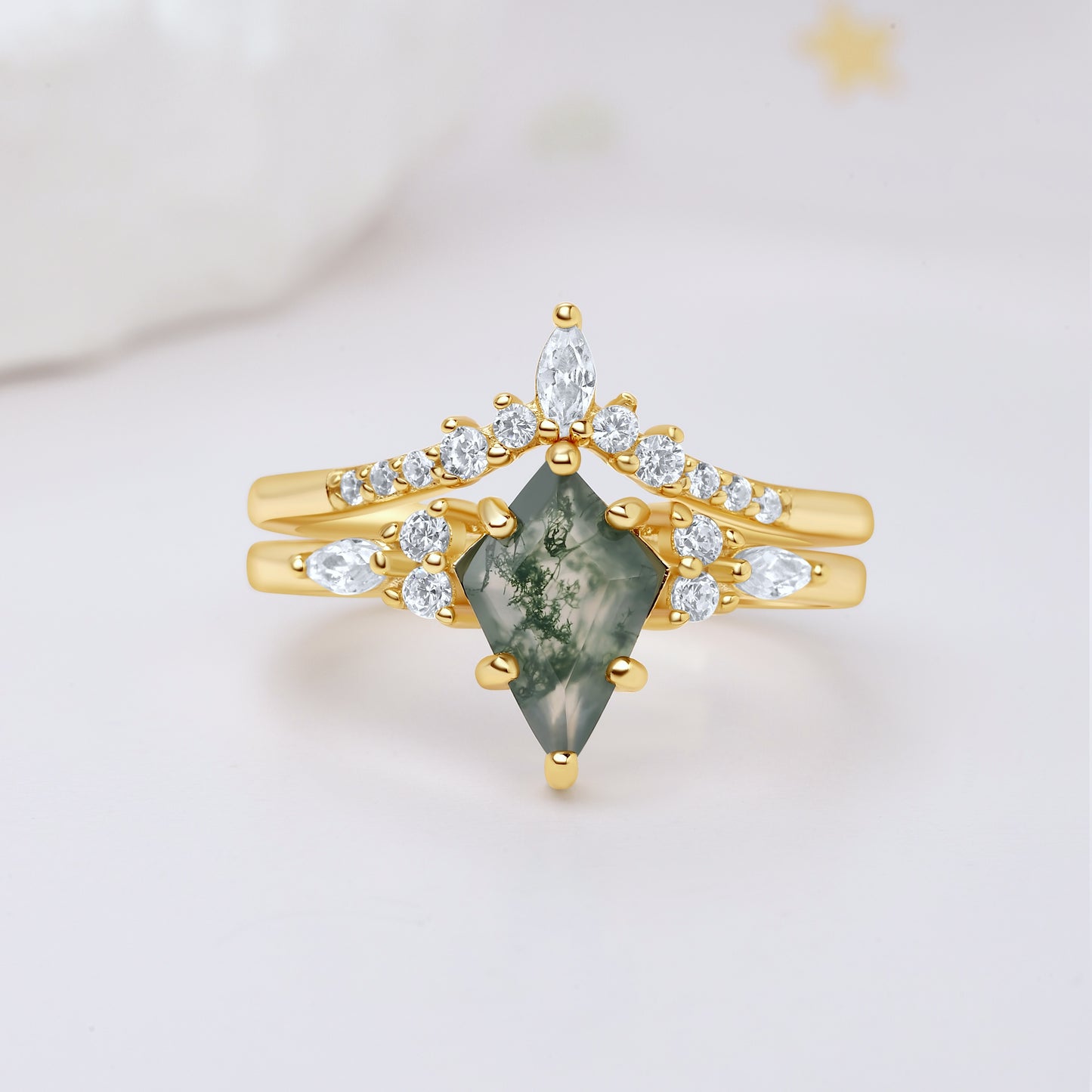 Kite Green Moss Agate Gold Leaf Couples Ring