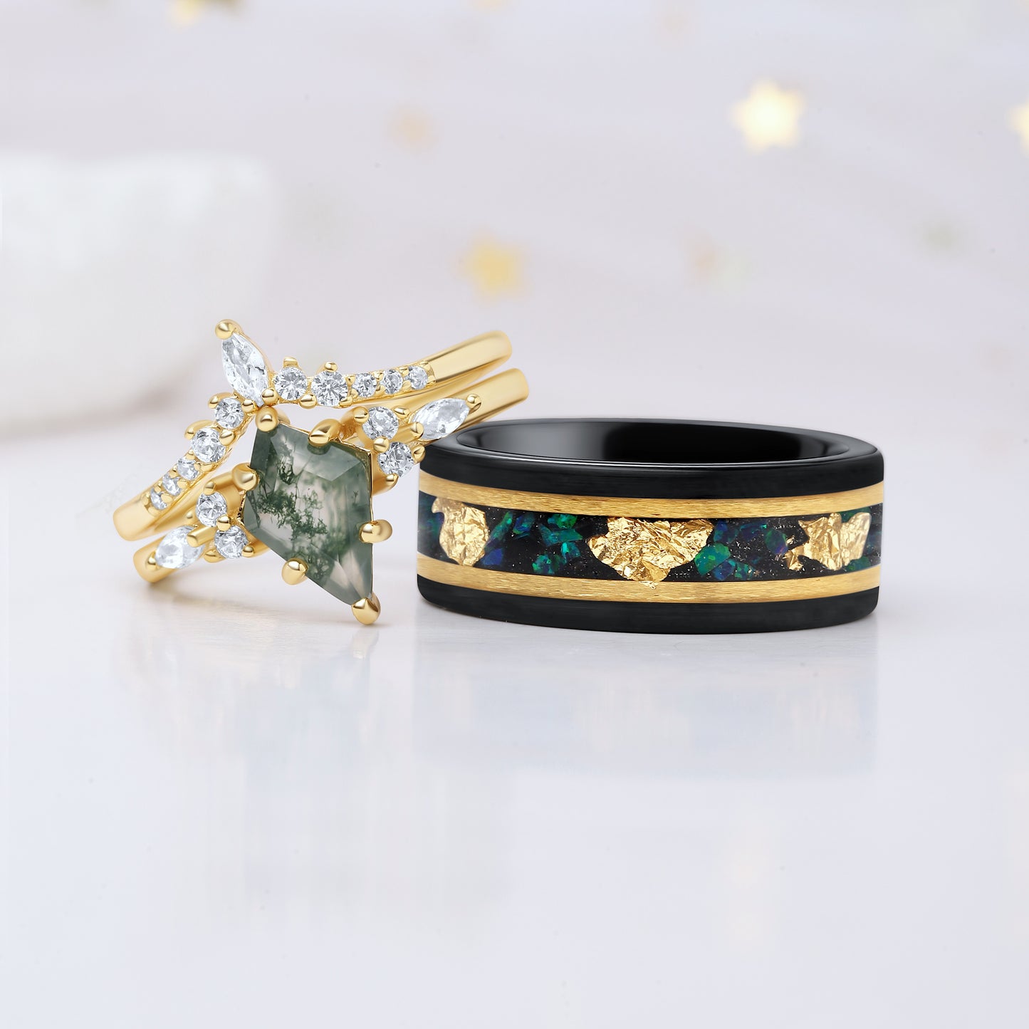 Kite Green Moss Agate Gold Leaf Couples Ring