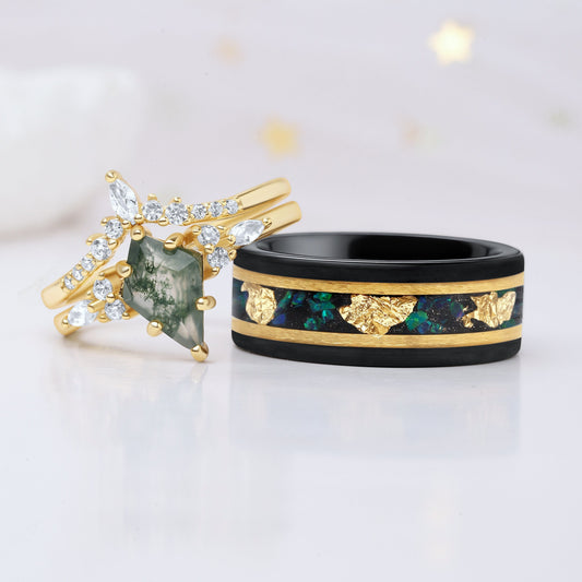 The Mosaic - Kite Green Moss Agate Couple Ring Set