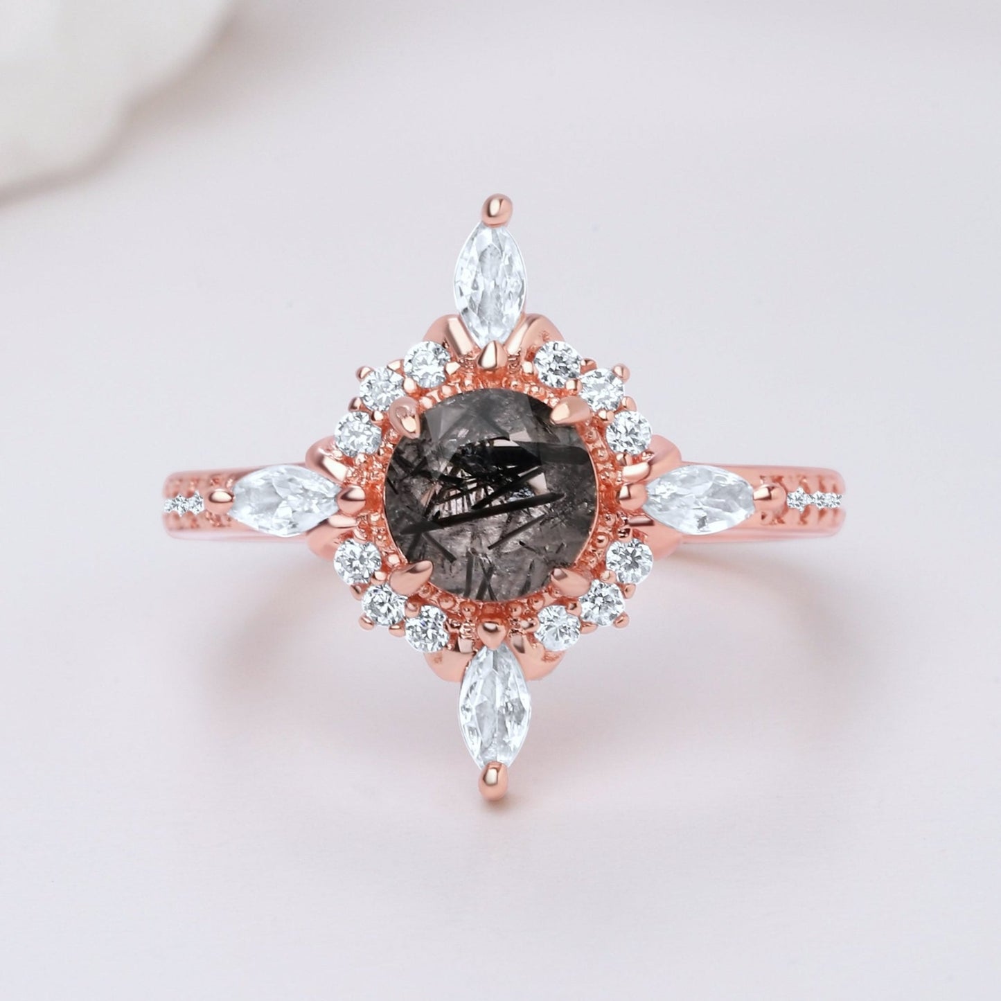 Natural Black Rutilated Quartz & Meteorite Couple Ring Set