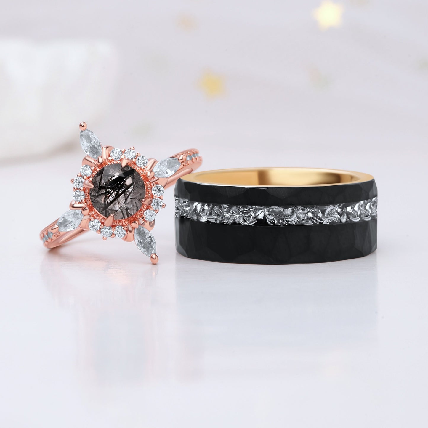 Natural Black Rutilated Quartz & Meteorite Couple Ring Set