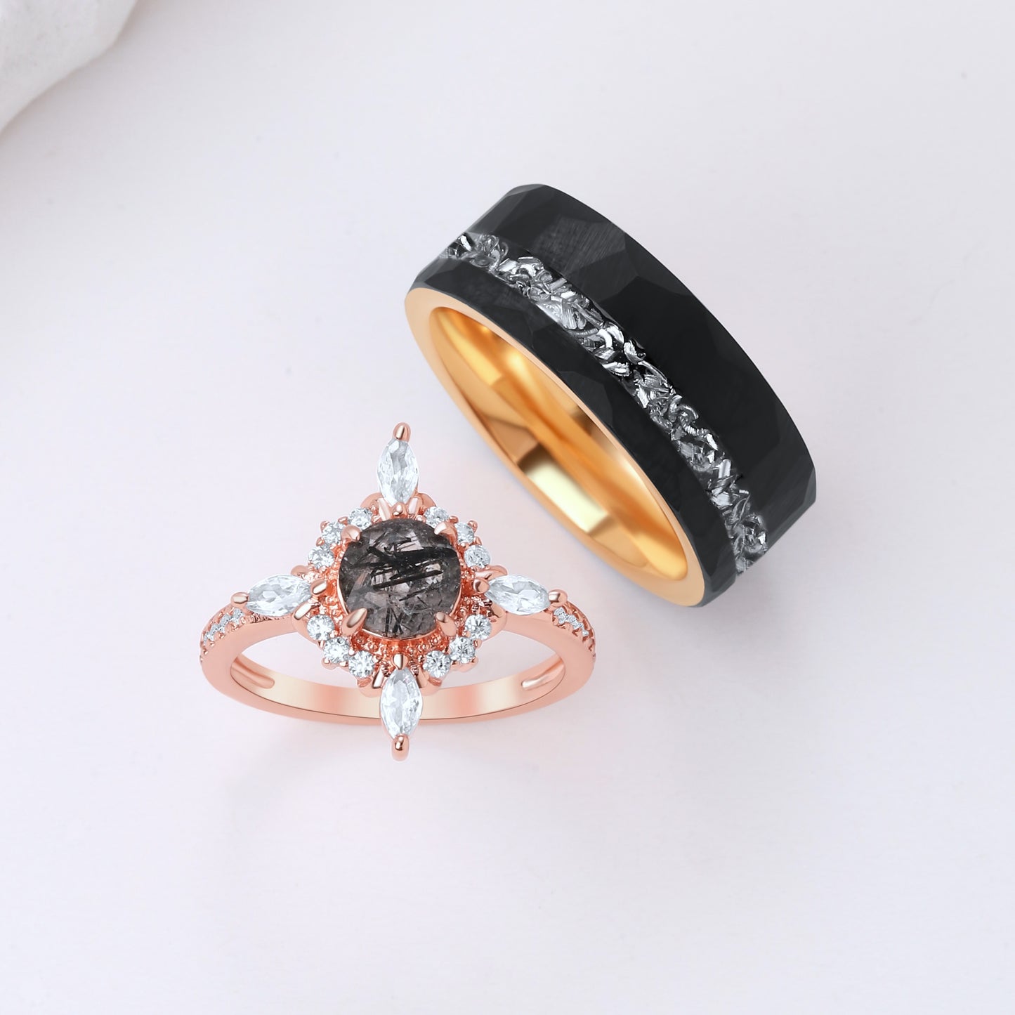 Natural Black Rutilated Quartz & Meteorite Couple Ring Set