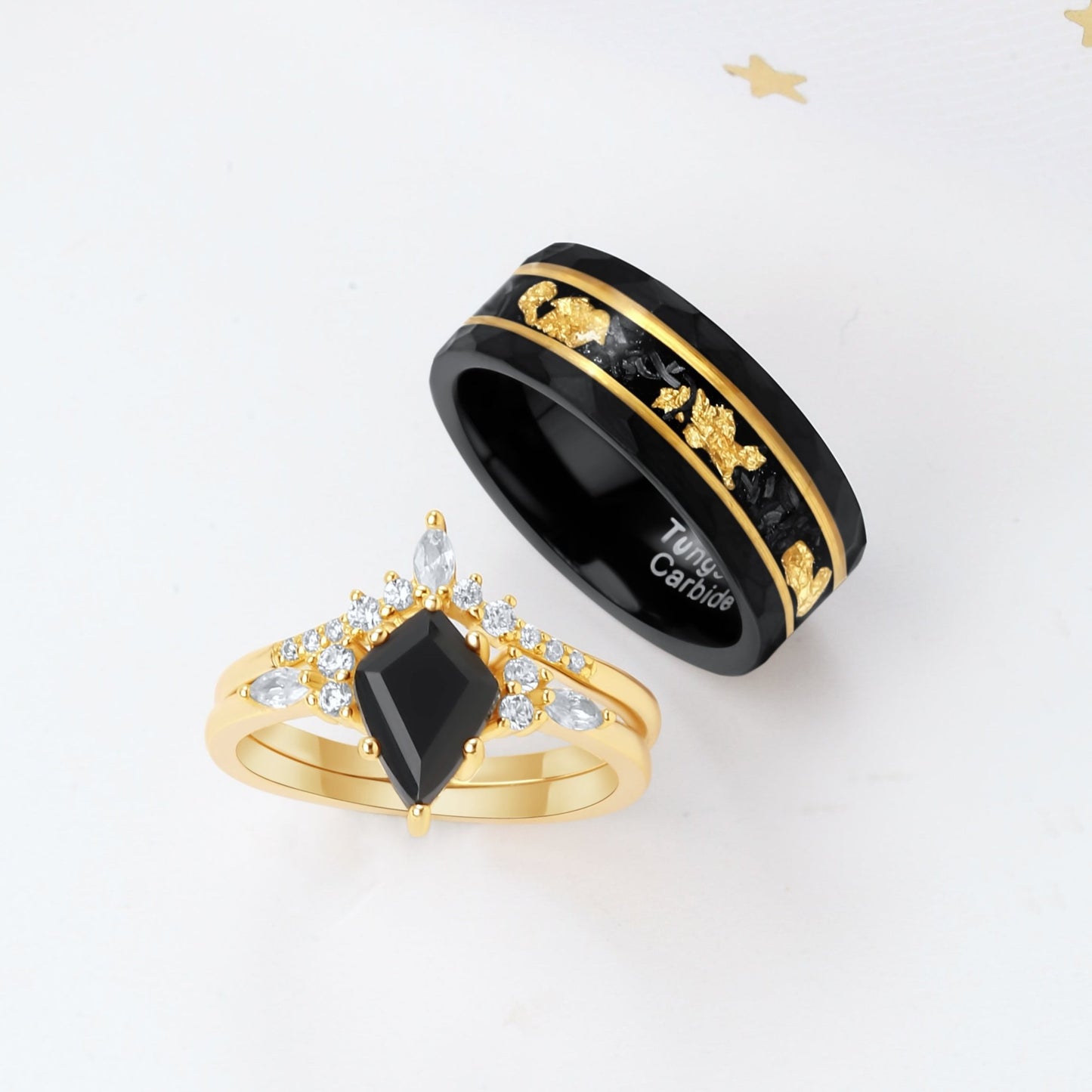 Kite Black Onyx & Meteorite Gold Leaf Couple Ring Set