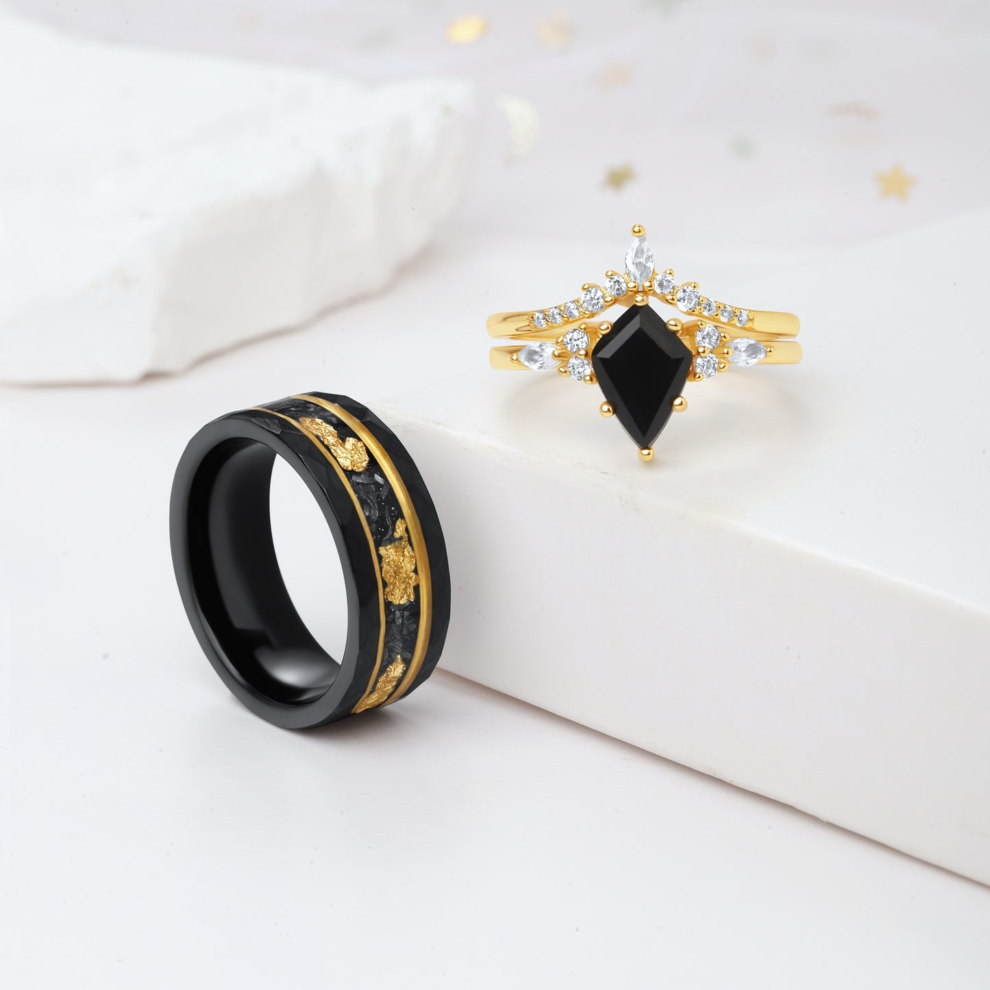 Kite Black Onyx & Meteorite Gold Leaf Couple Ring Set