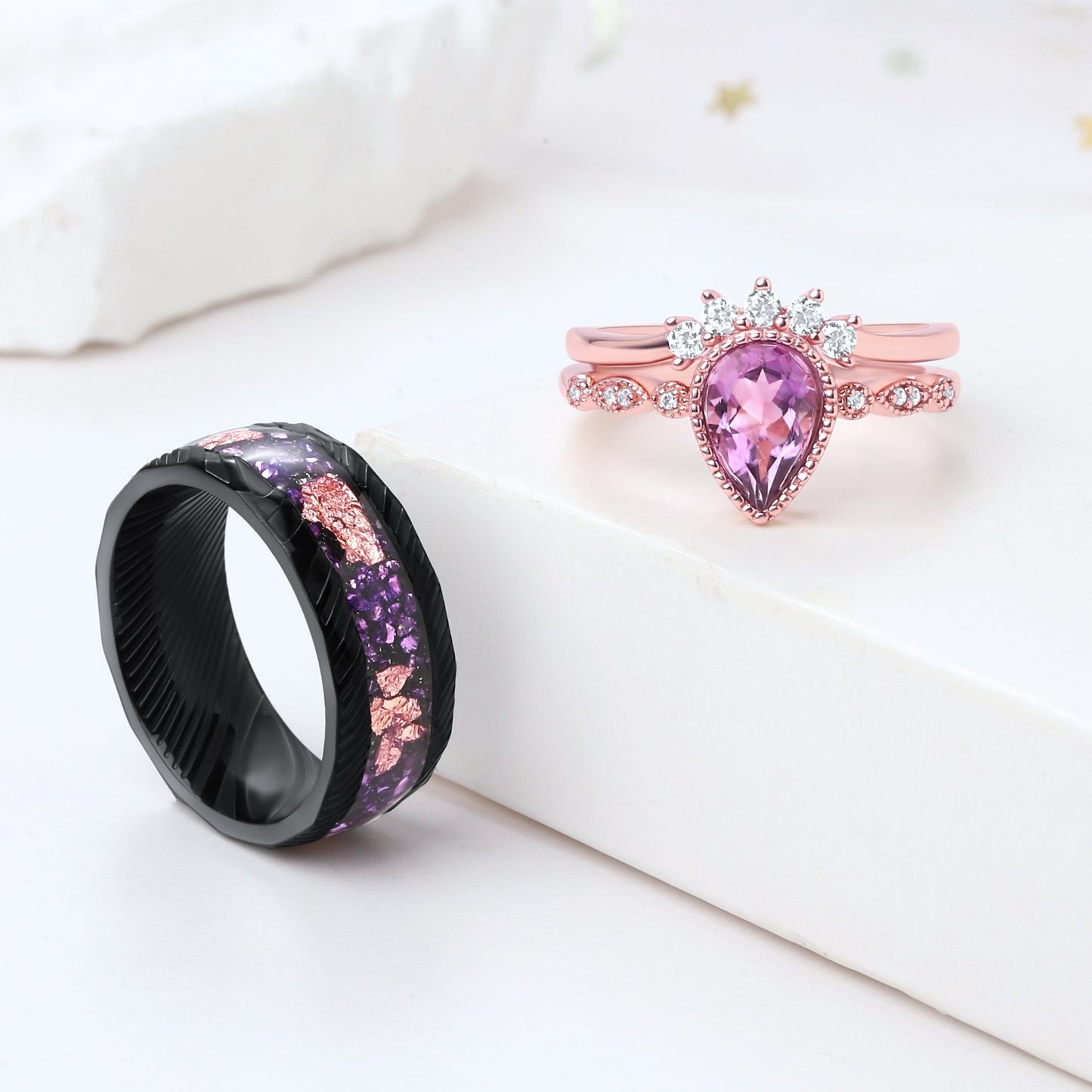 Pear Cut Amethyst His Her Couple Ring Set 925 Silver & Steel